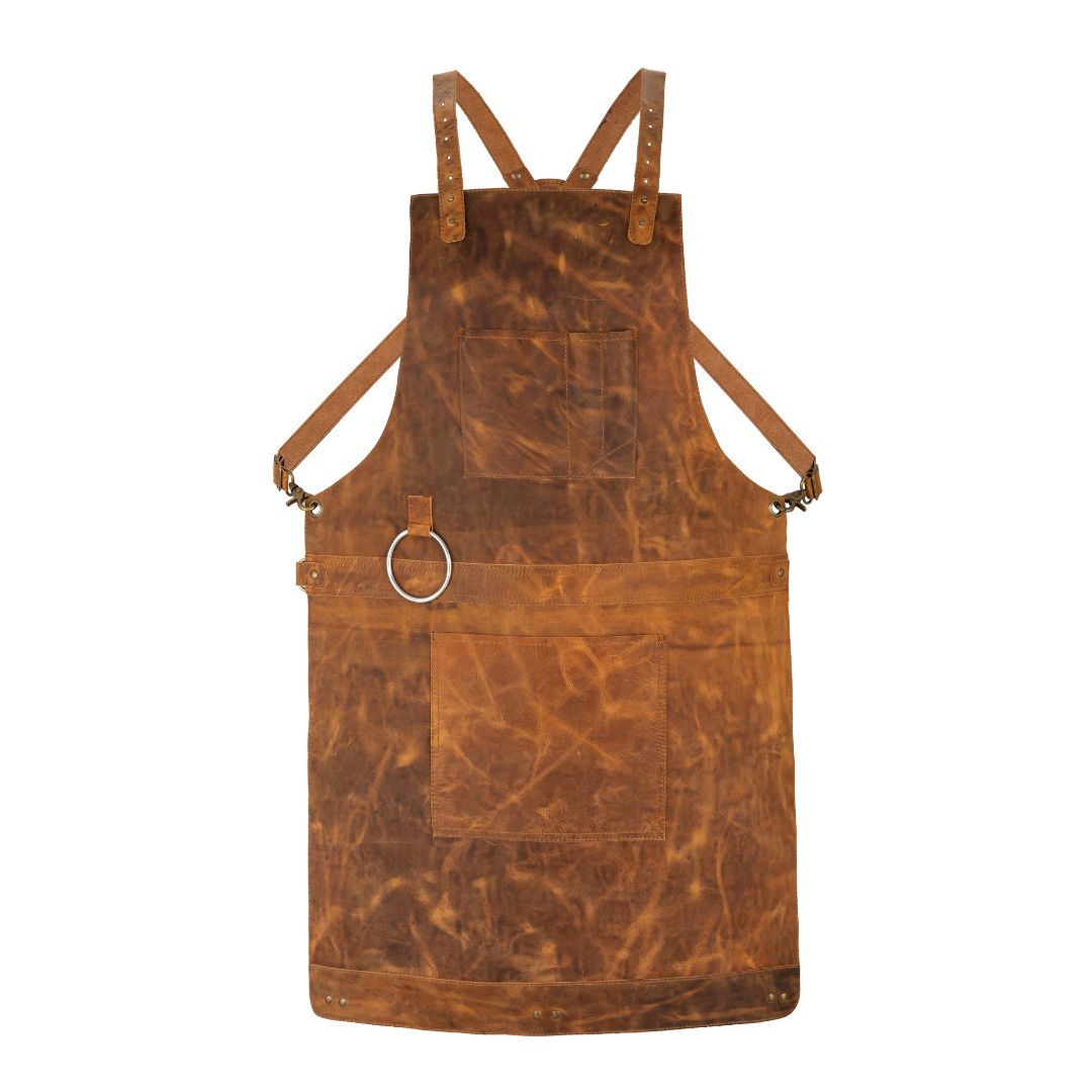 The Chef Pro Deluxe Set (4-in-1) Tan Brown Crossbody Leather Apron with Leather Knife Roll & Leather Tool Belt & leather Mitts