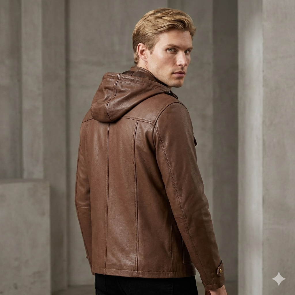 Normad Hooded Field Full Grain Brown Sheepskin Mens Leather Jacket with Detachable Hood