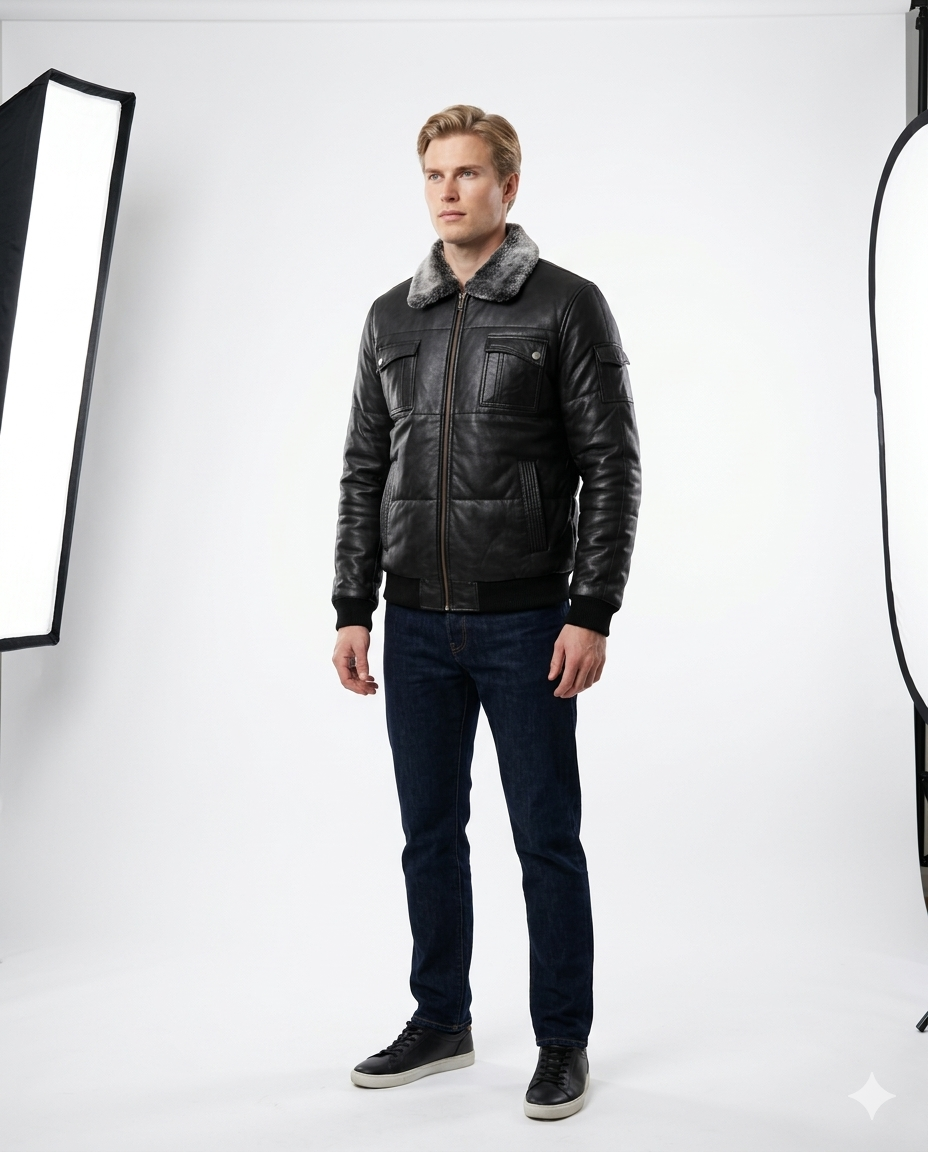 Aspen Quilted Aviator Full Grain Black Sheepskin Mens Leather jacket