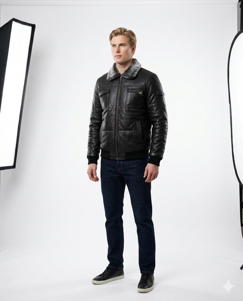 Aspen Quilted Aviator Full Grain Black Sheepskin Mens Leather jacket