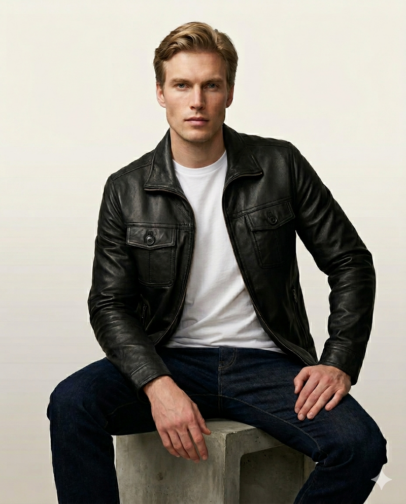 The Nomad Full Grain Black Mens Leather Car jacket