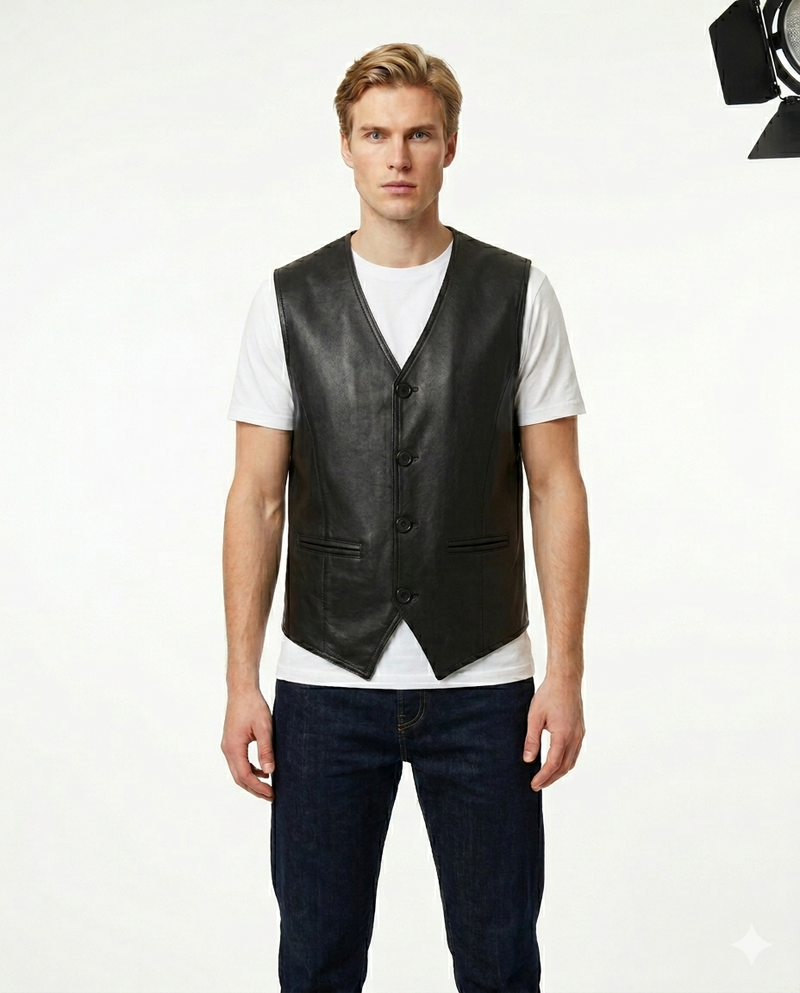 Lexington Button Front Full Grain Black Sheepskin Mens Leather Waistcoat