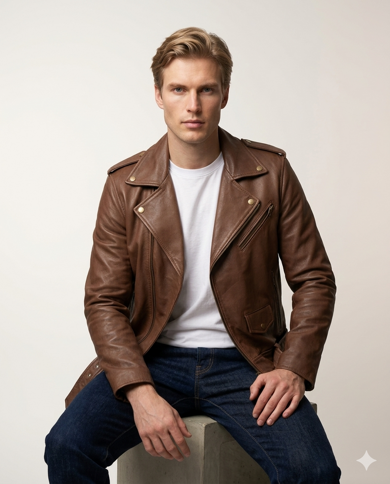 Brando Classic Brown Sheepskin Full Grain Leather Mens jacket