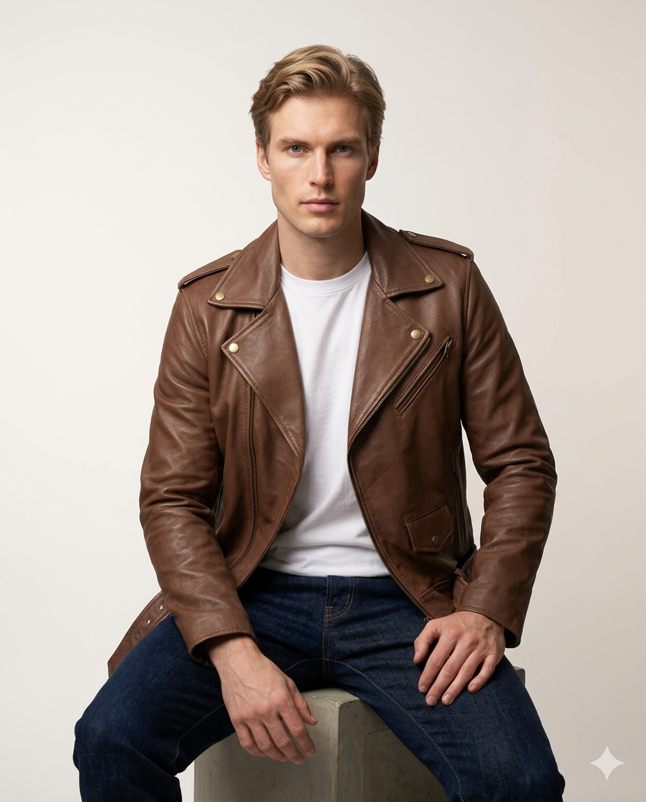Brando Classic Brown Sheepskin Full Grain Leather Mens jacket