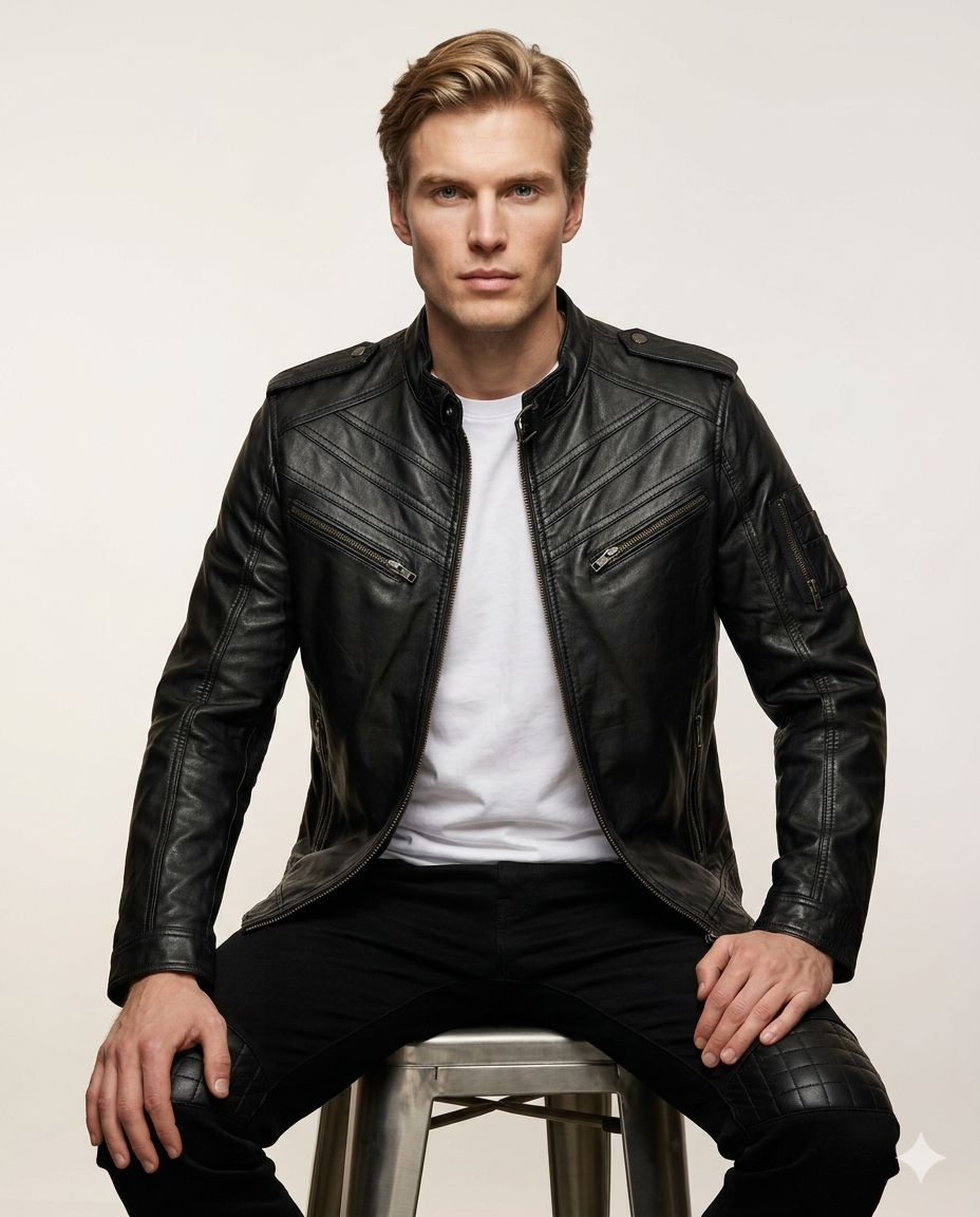 Apex Cafe Racer Full Grain Black Sheepskin Mens Leather jacket