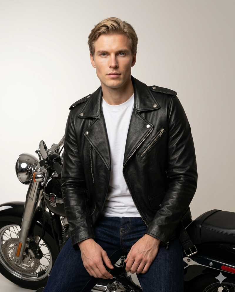 Brando Classic Black Sheepskin Full Grain Leather Mens jacket