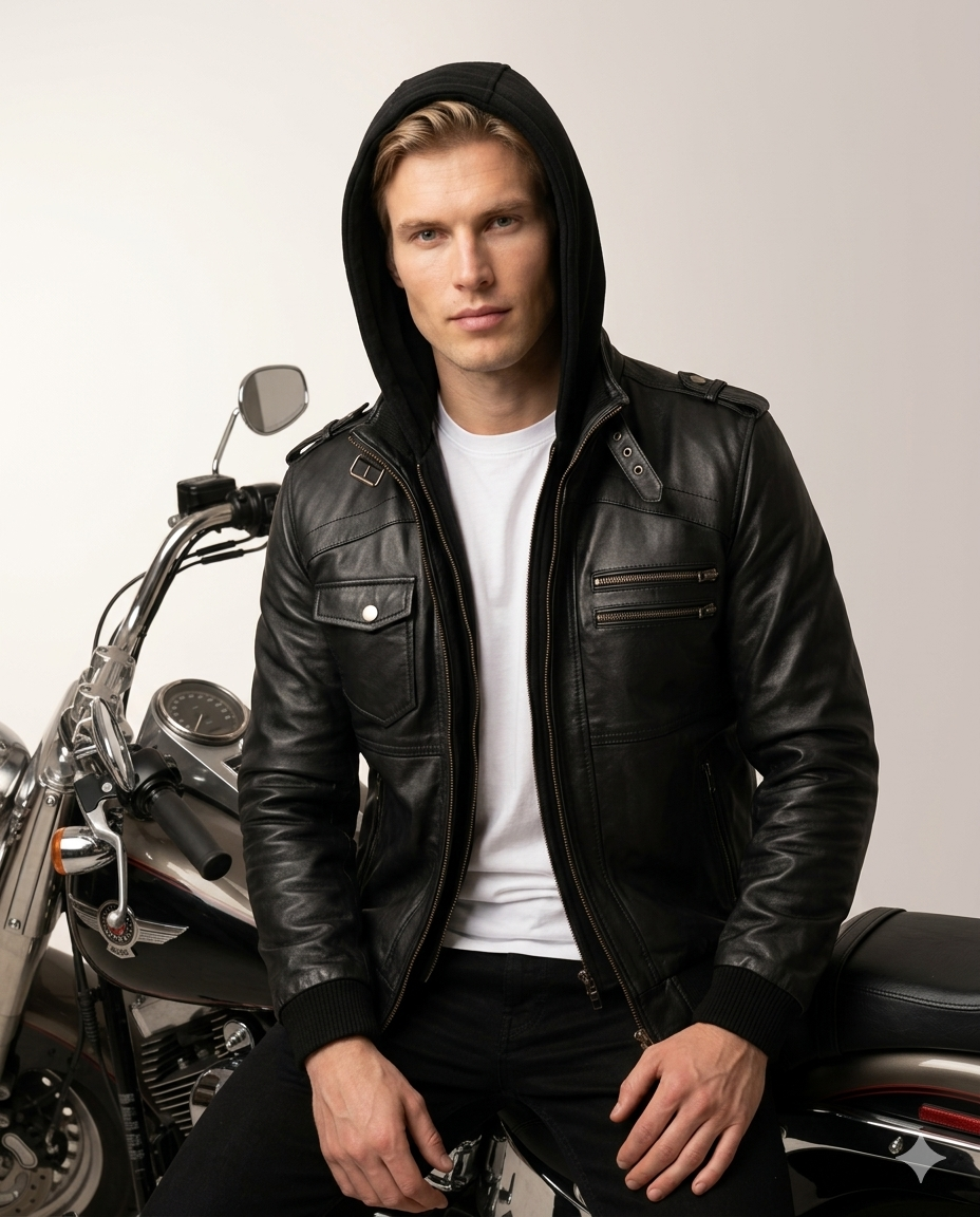 Rossi Full Grain Black Sheepskin Mens Leather jacket with Detachable Hood
