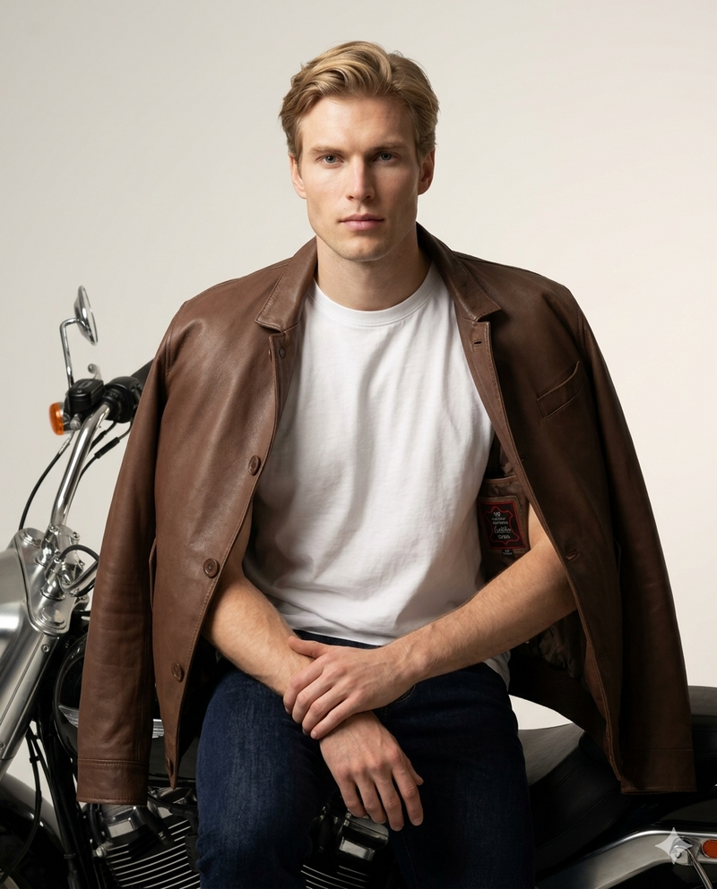 Cambridge Button Front Full Grain Brown Sheepskin Mens Leather jacket