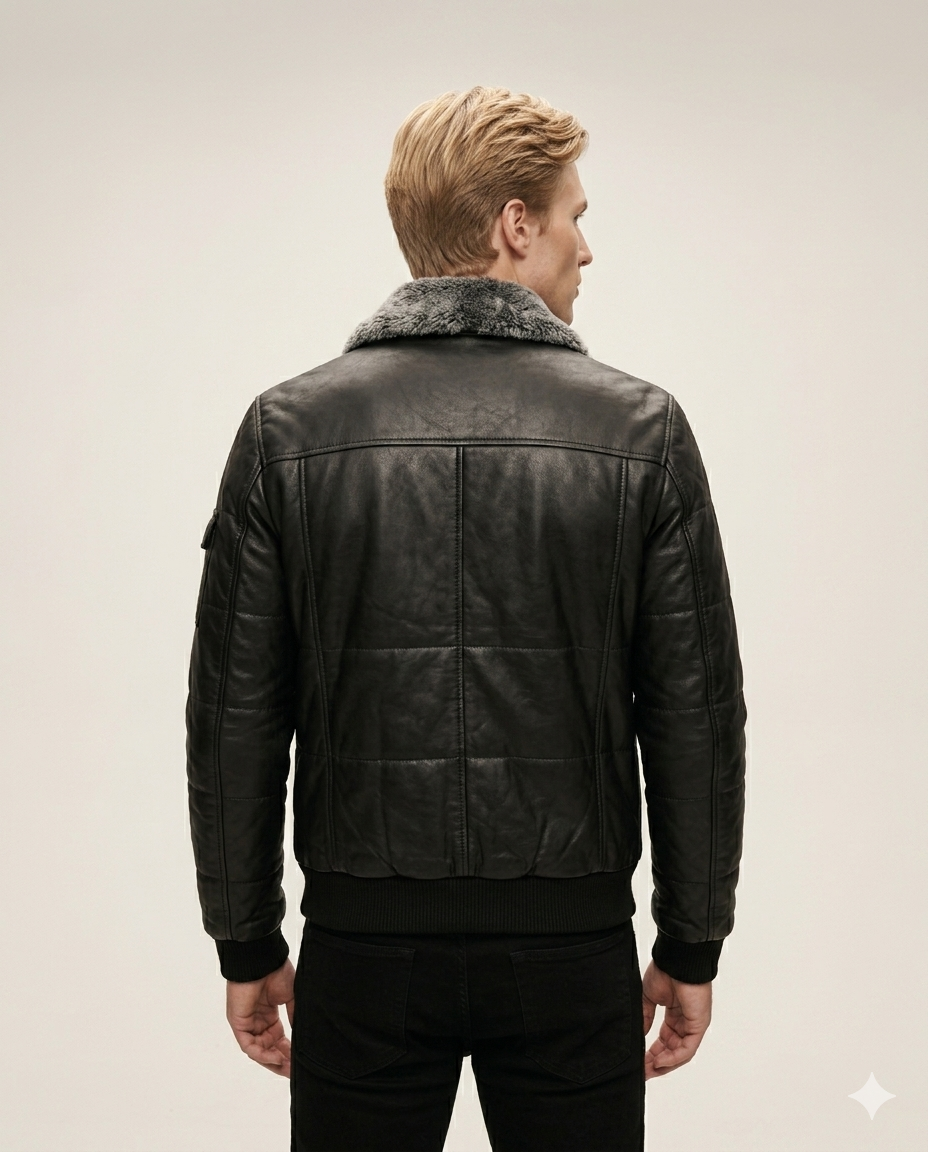 Aspen Quilted Aviator Full Grain Black Sheepskin Men's Leather jacket