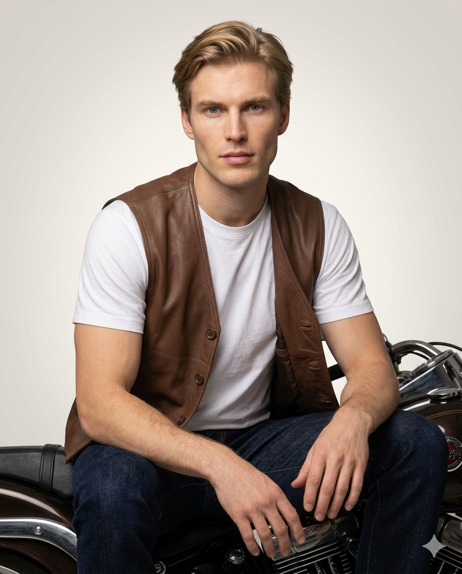 Lexington Button Front Full Grain Brown Sheepskin Mens Leather Waistcoat