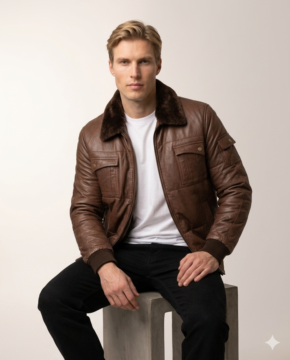 Aspen Quilted Aviator Full Grain Brown Sheepskin Mens Leather jacket