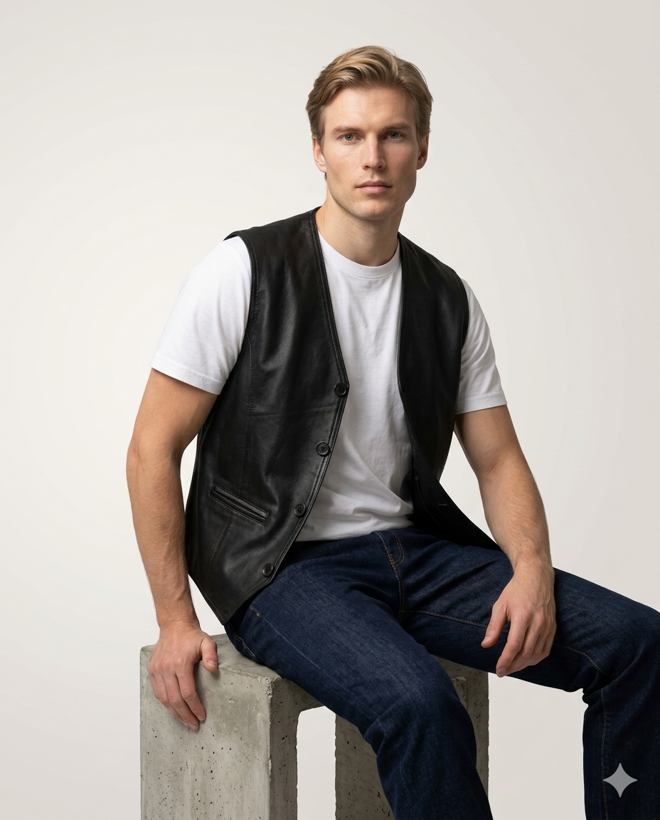 Lexington Button Front Full Grain Black Sheepskin Mens Leather Waistcoat