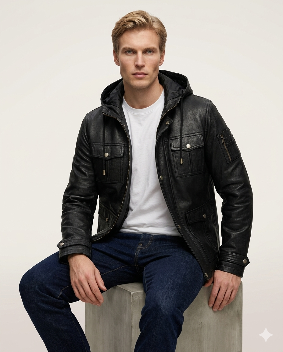 Normad Hooded Field Full Grain Black Sheepskin Mens Leather Jacket with Detachable Hood