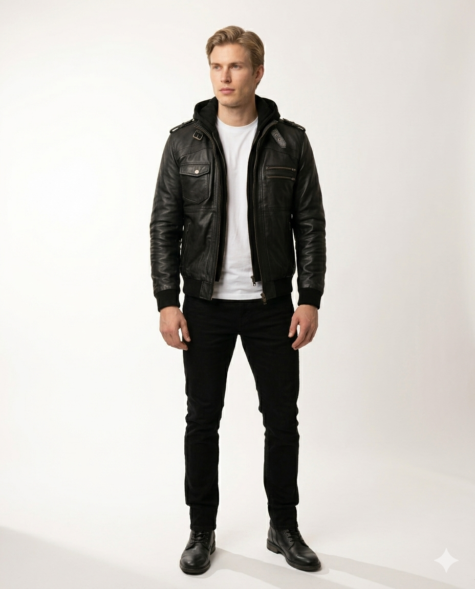 Rossi Full Grain Black Sheepskin Mens Leather jacket with Detachable Hood