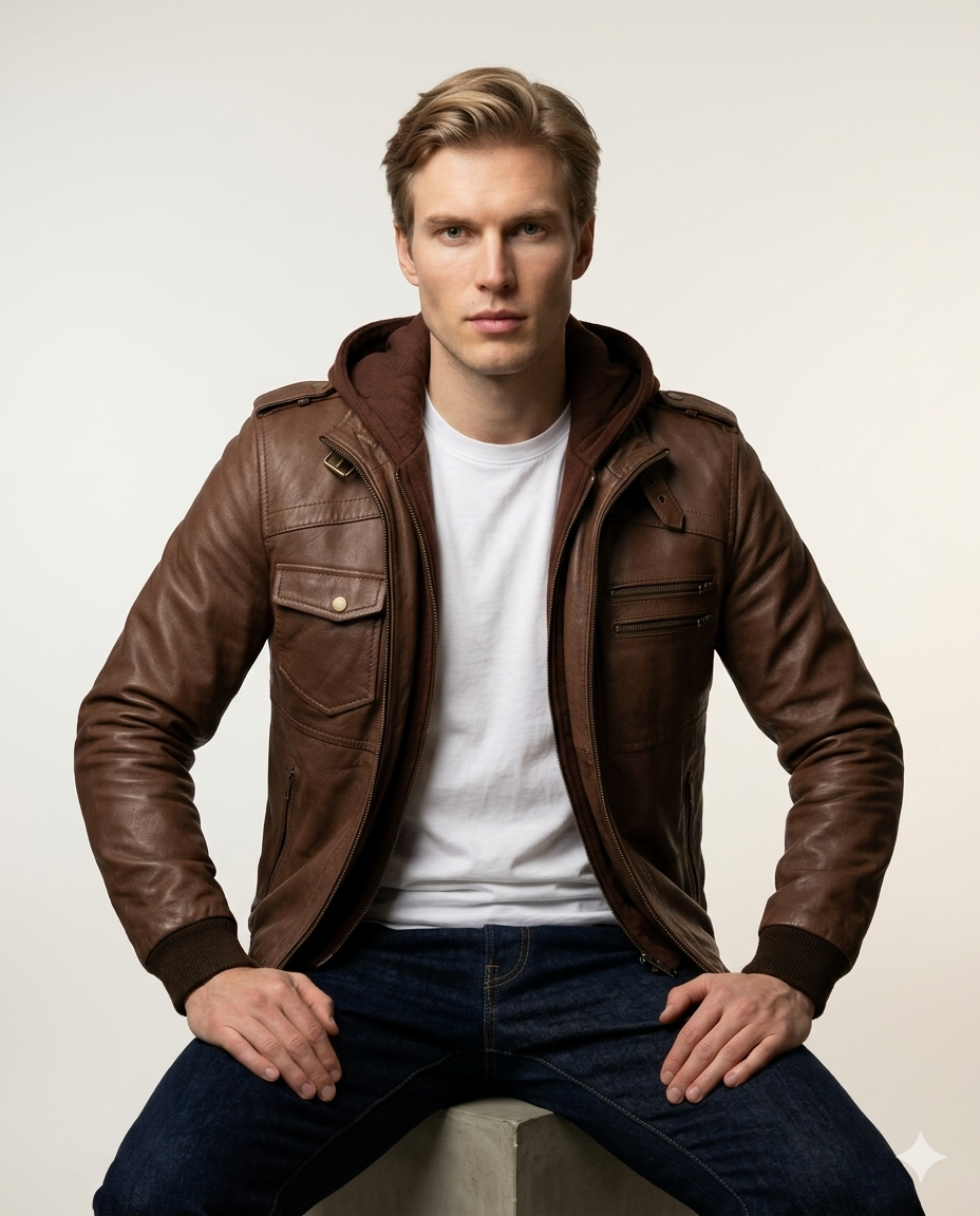 Rossi Full Grain Brown Sheepskin Mens Leather jacket with Detachable Hood