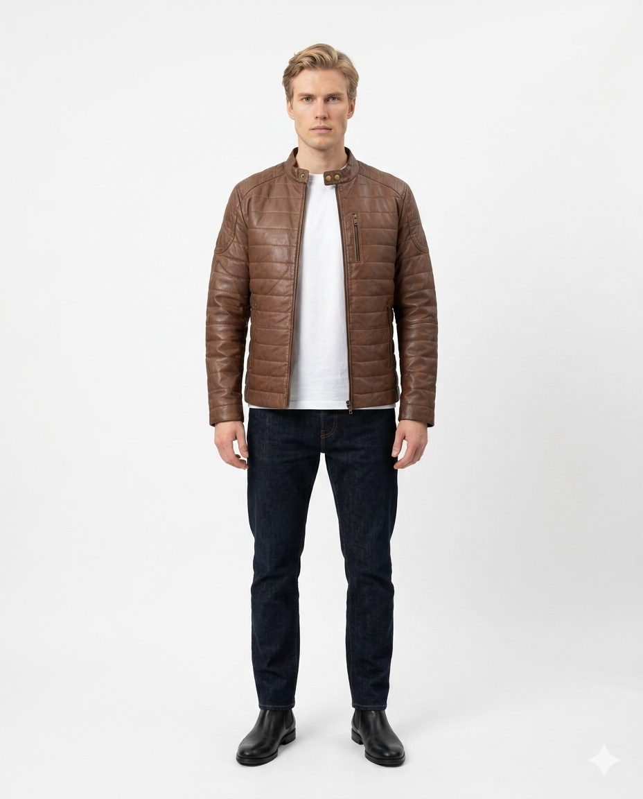 Monza Quilted Racer Full Grain Brown Sheepskin Mens Leather Quilted Jacket