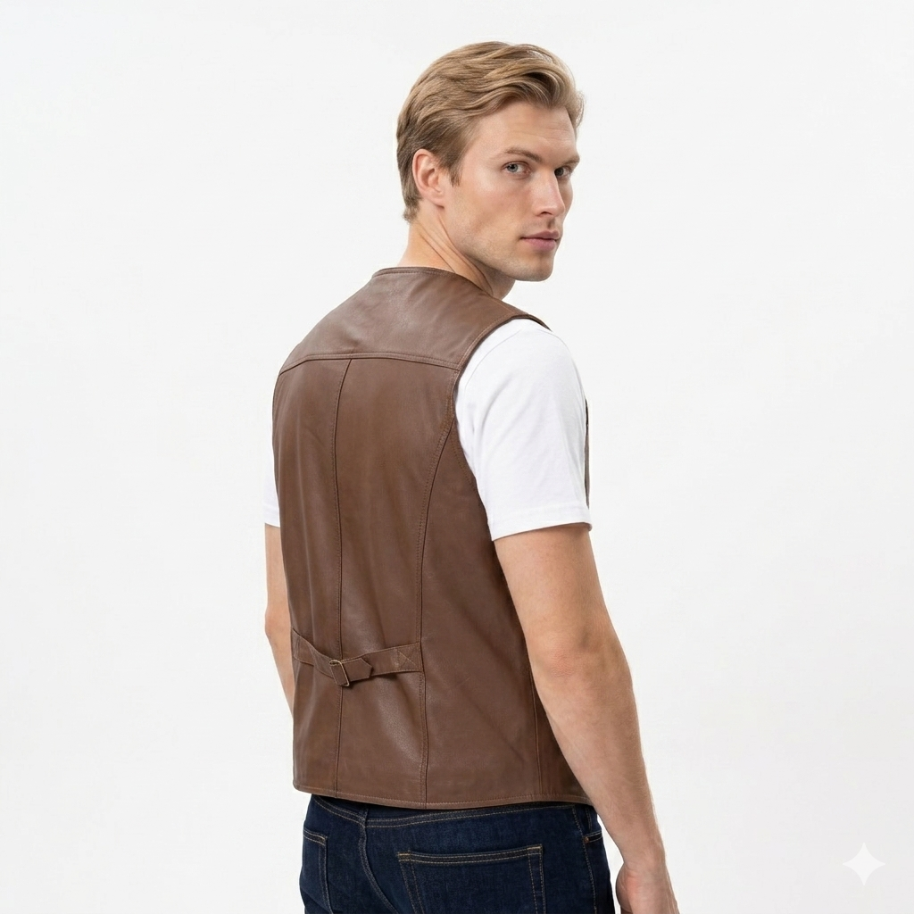 Lexington Button Front Full Grain Brown Sheepskin Mens Leather Waistcoat