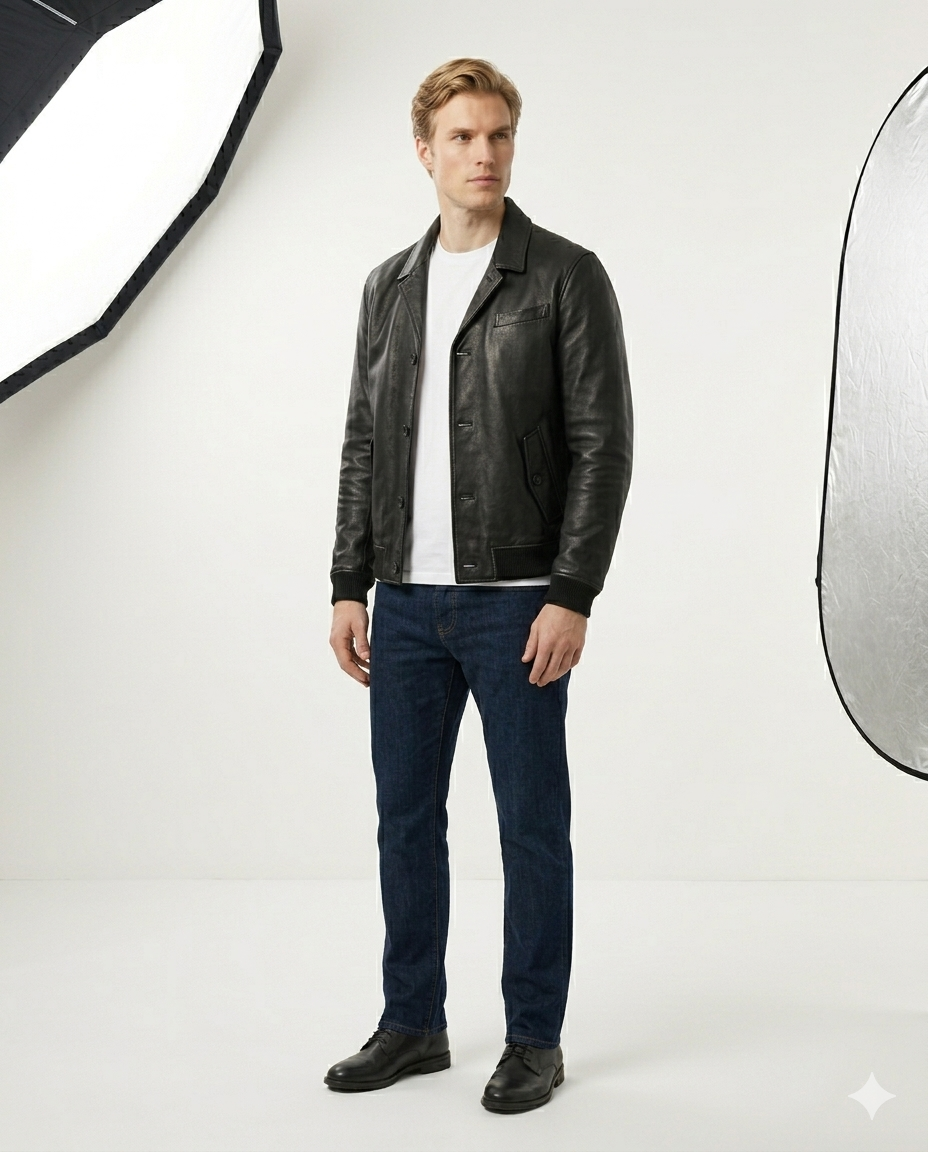 Cambridge Button Front Full Grain Black Sheepskin Mens Leather jacket