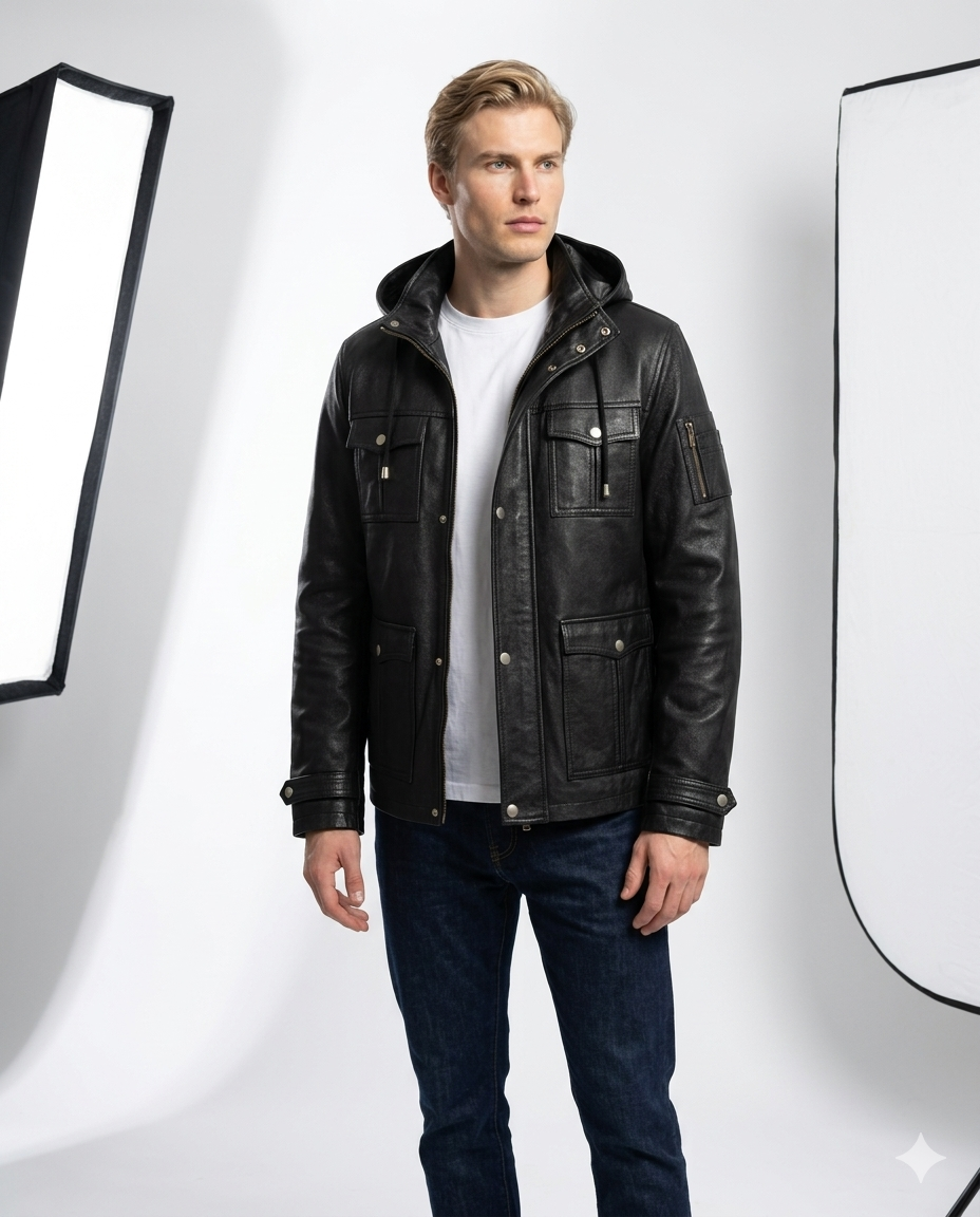 Normad Hooded Field Full Grain Black Sheepskin Mens Leather Jacket with Detachable Hood