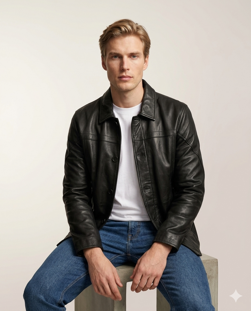 Gotham Full Grain Black Sheepskin Mens Leather Coat