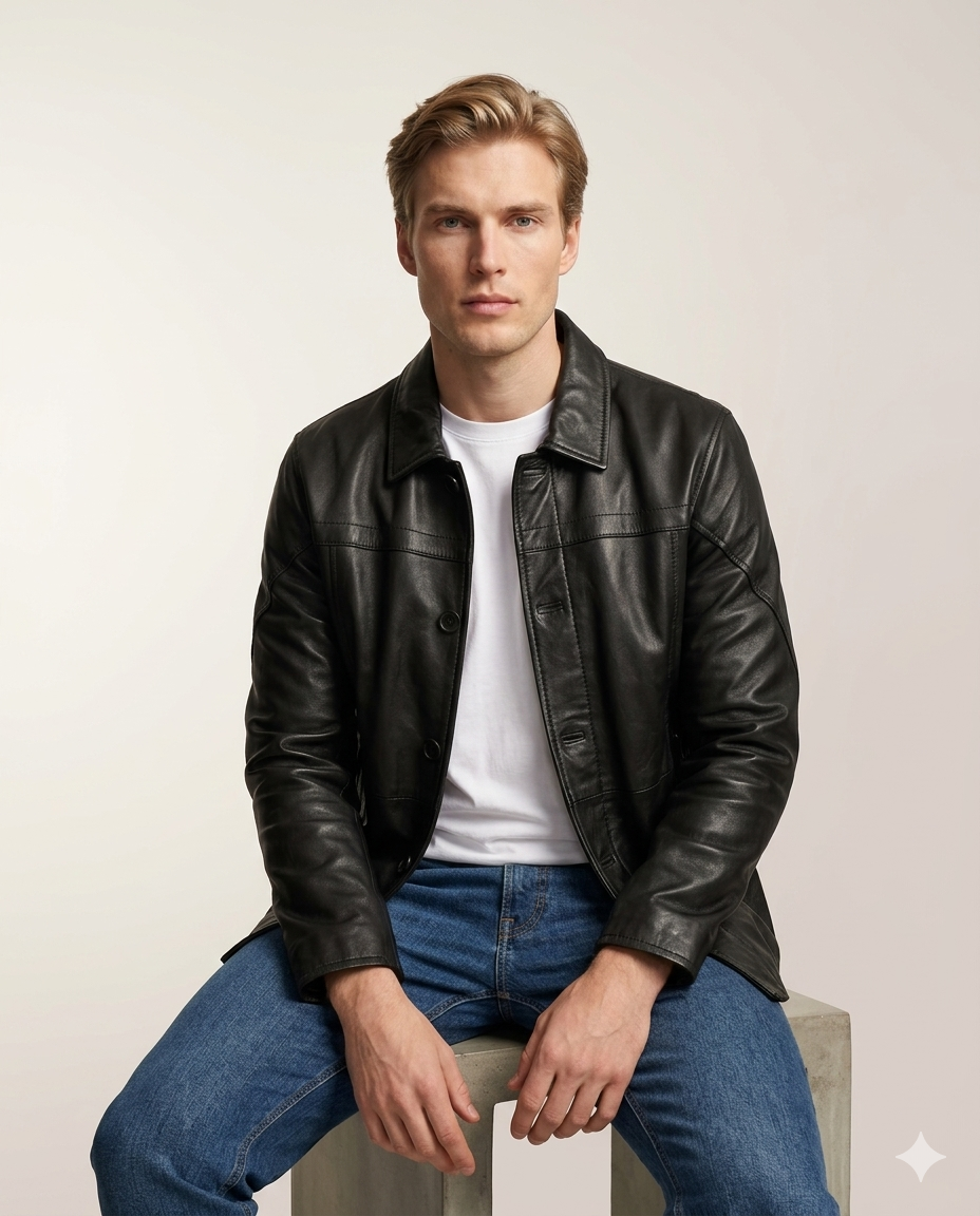 Gotham Full Grain Black Sheepskin Mens Leather Coat