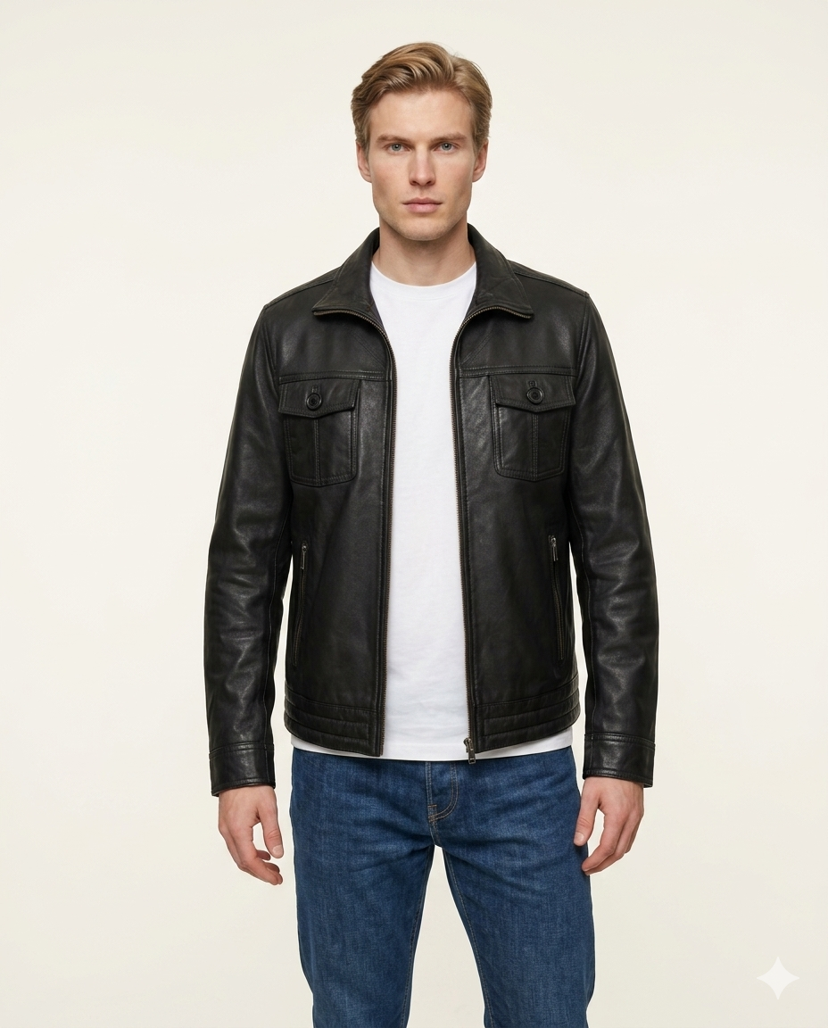 The Nomad Full Grain Black Mens Leather Car jacket