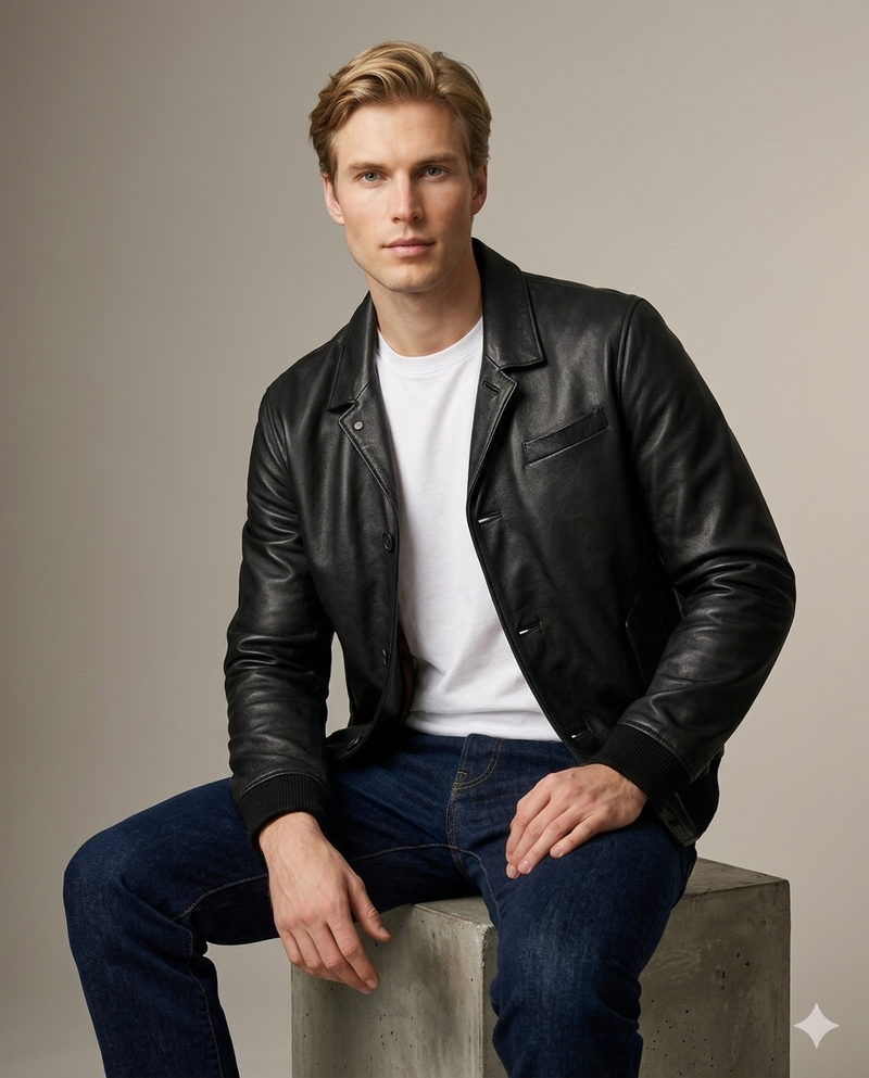 Cambridge Button Front Full Grain Black Sheepskin Mens Leather jacket