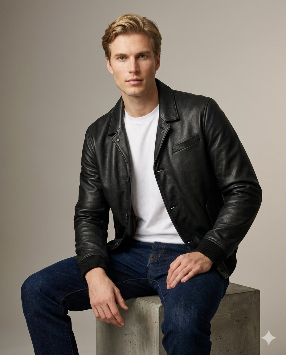 Cambridge Button Front Full Grain Black Sheepskin Mens Leather jacket