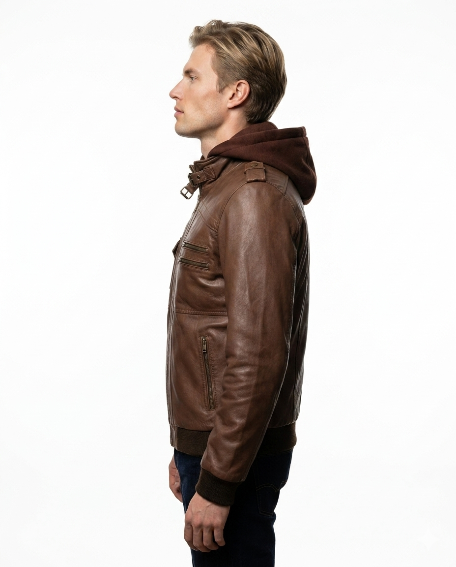 Rossi Full Grain Brown Sheepskin Mens Leather jacket with Detachable Hood