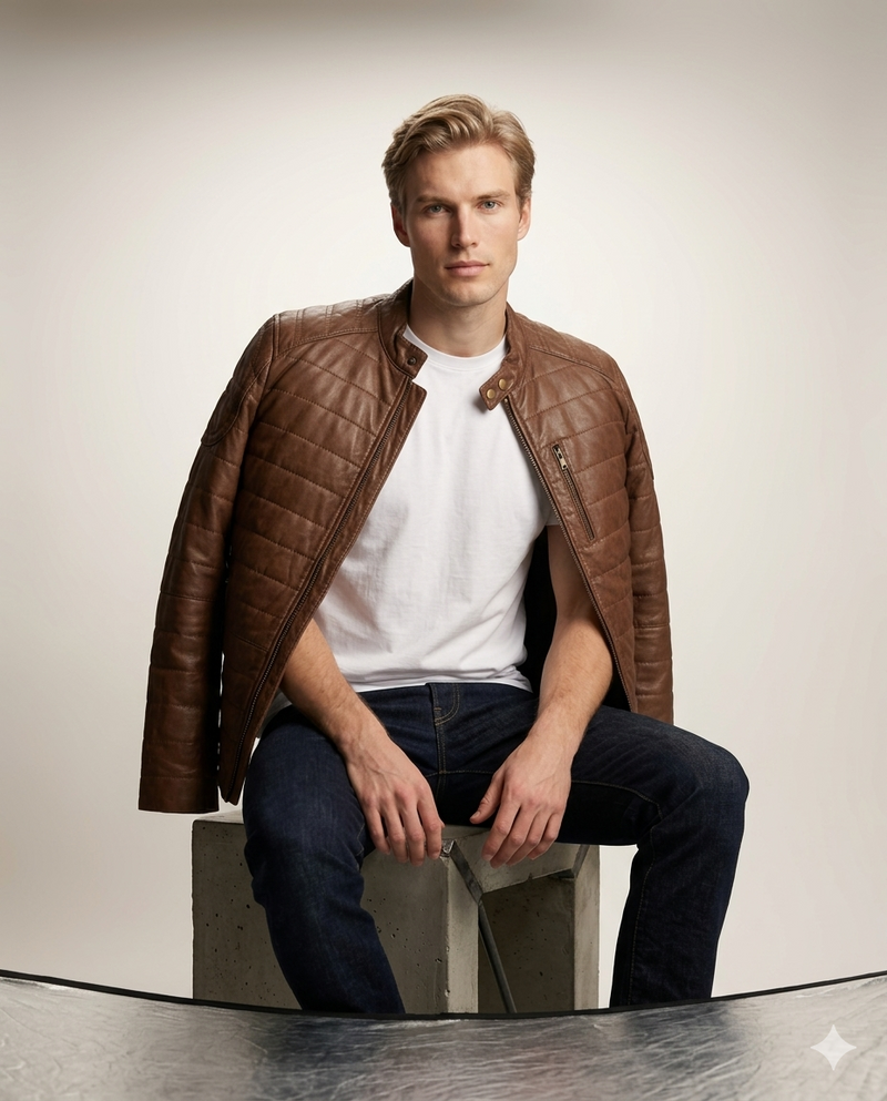 Monza Quilted Racer Full Grain Brown Sheepskin Mens Leather Quilted Jacket