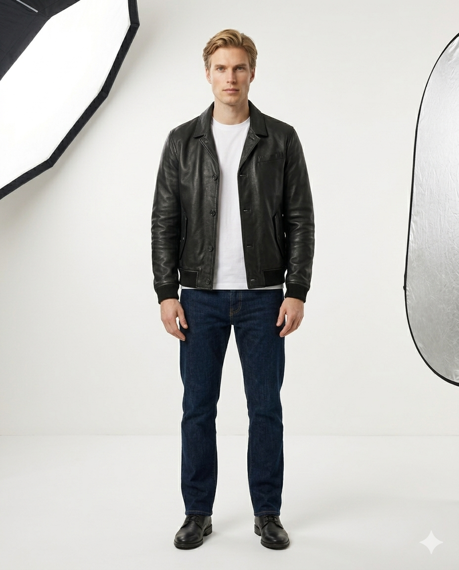Cambridge Button Front Full Grain Black Sheepskin Mens Leather jacket