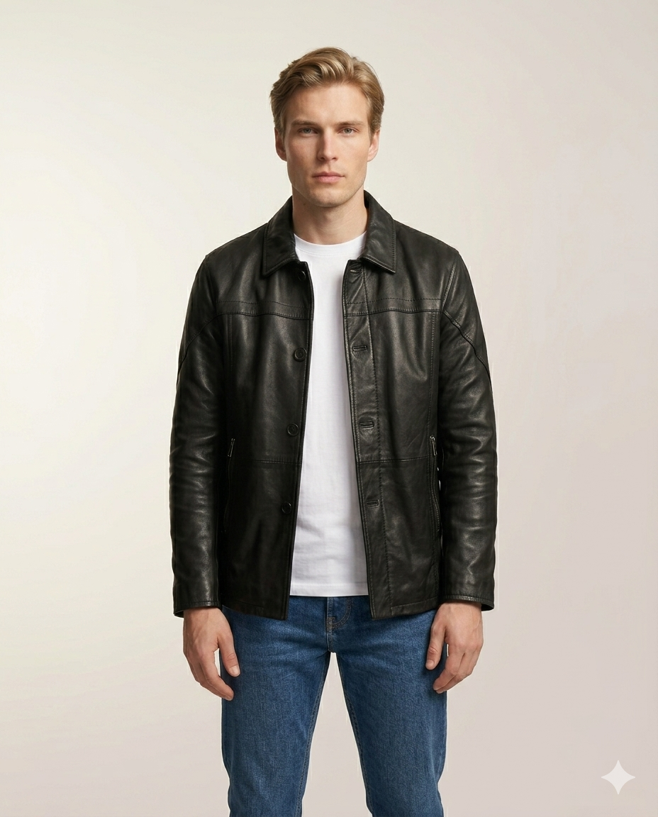 Gotham Full Grain Black Sheepskin Mens Leather Coat