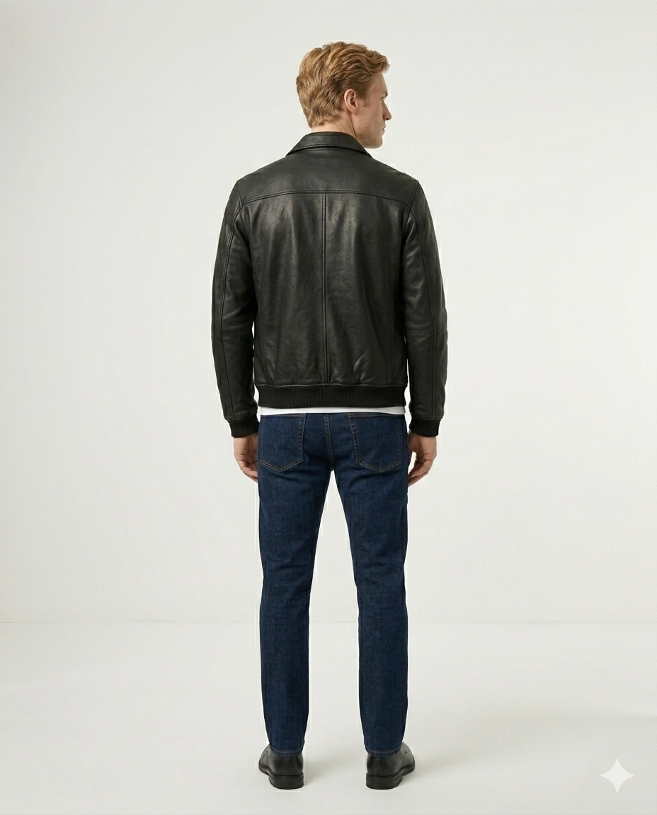 Cambridge Button Front Full Grain Black Sheepskin Mens Leather jacket