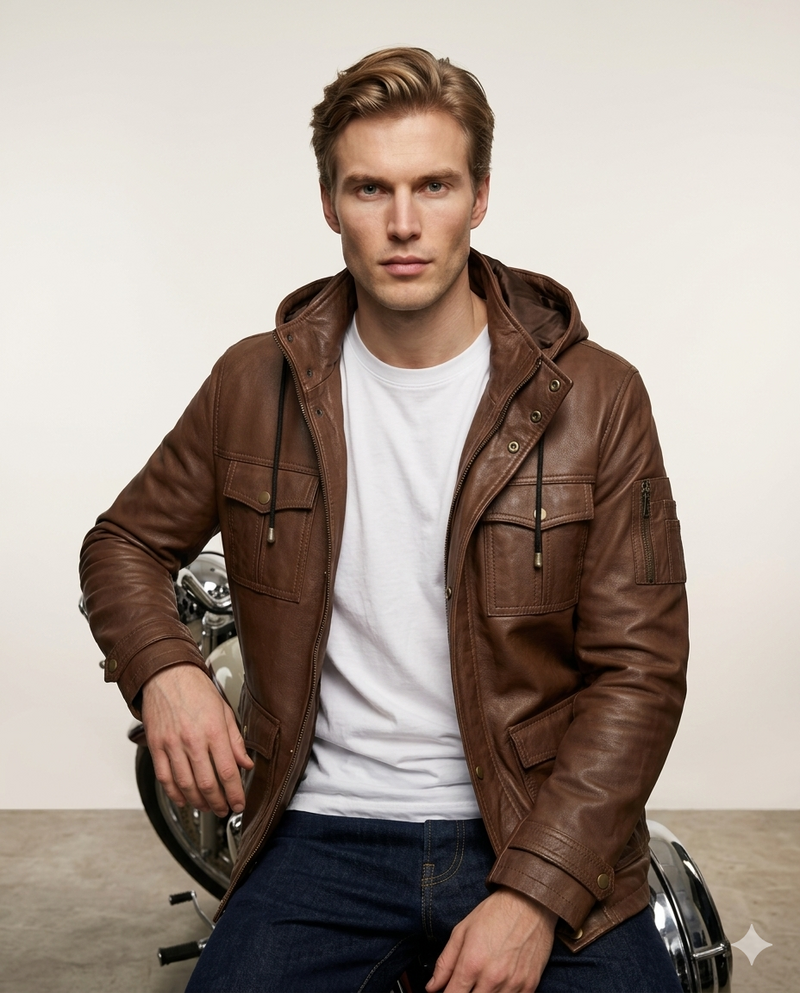 Normad Hooded Field Full Grain Brown Sheepskin Mens Leather Jacket with Detachable Hood