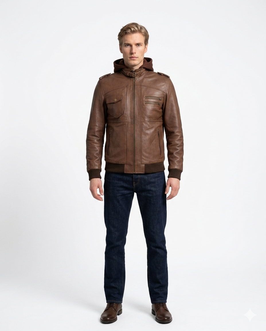 Rossi Full Grain Brown Sheepskin Mens Leather jacket with Detachable Hood