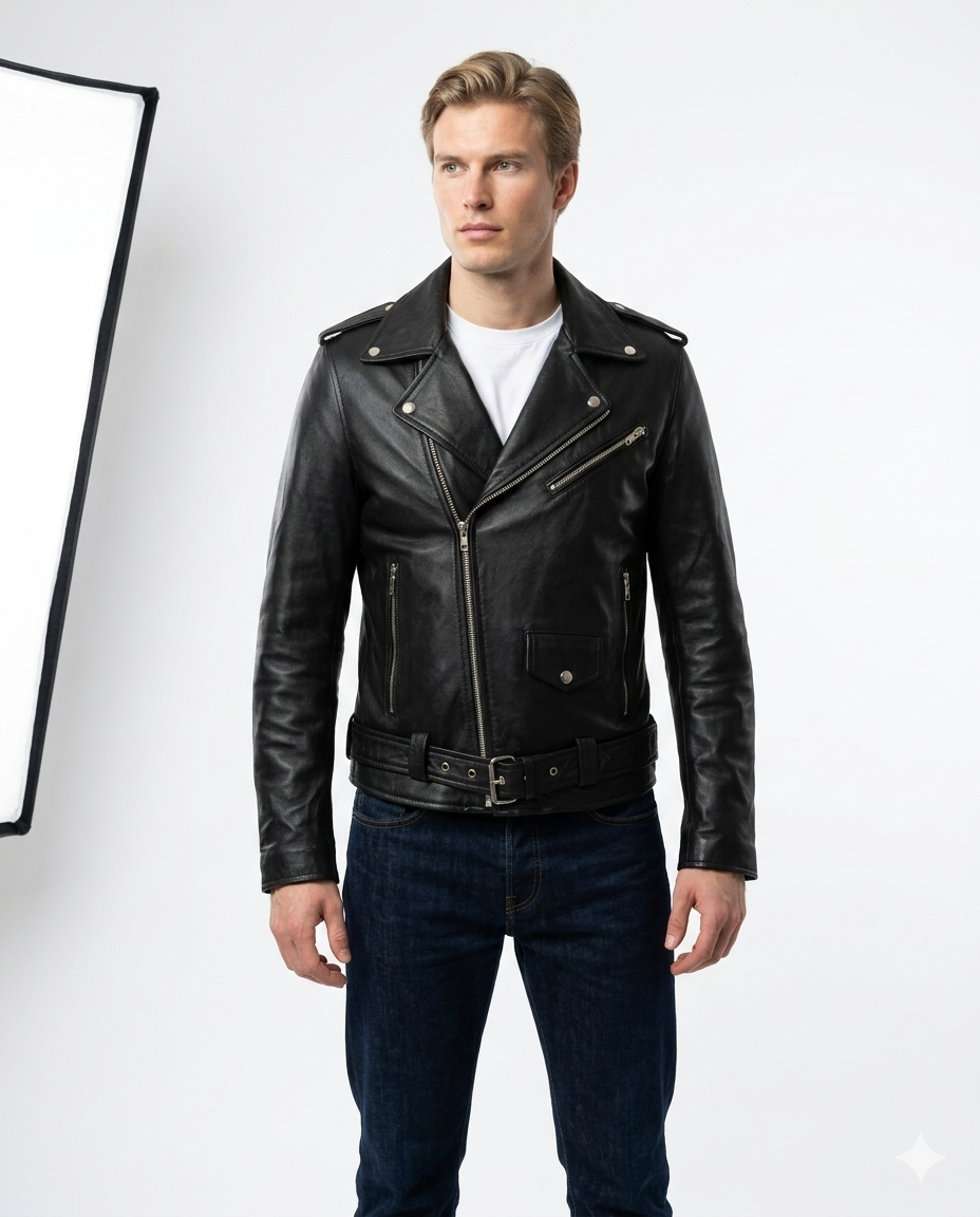 Brando Classic Black Sheepskin Full Grain Leather Mens jacket