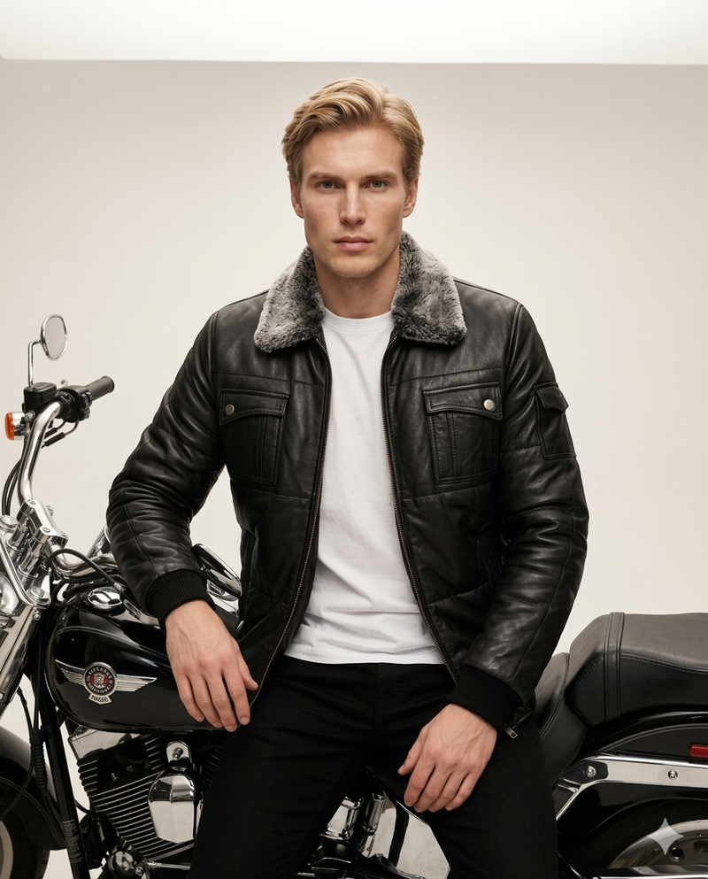 Aspen Quilted Aviator Full Grain Black Sheepskin Mens Leather jacket