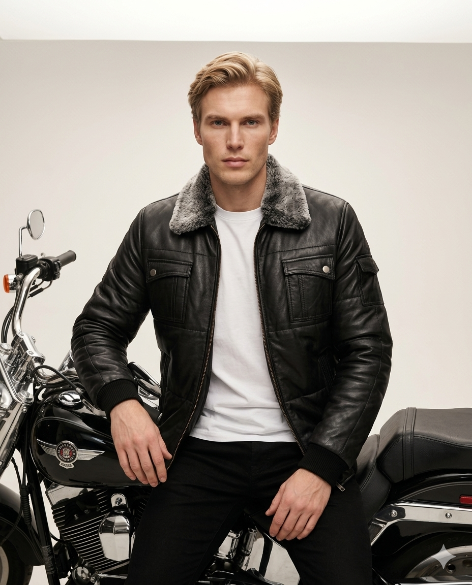 Aspen Quilted Aviator Full Grain Black Sheepskin Mens Leather jacket