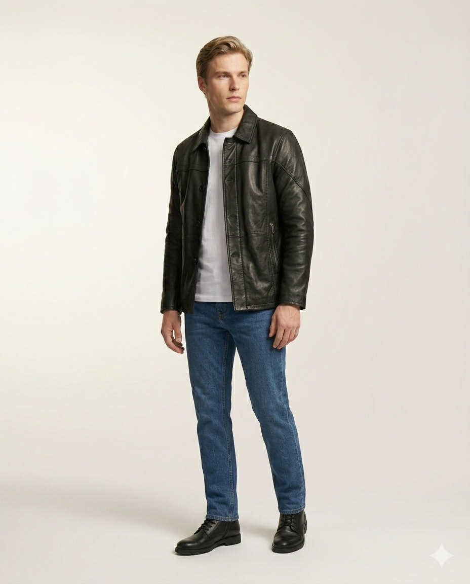 Gotham Full Grain Black Sheepskin Mens Leather Coat