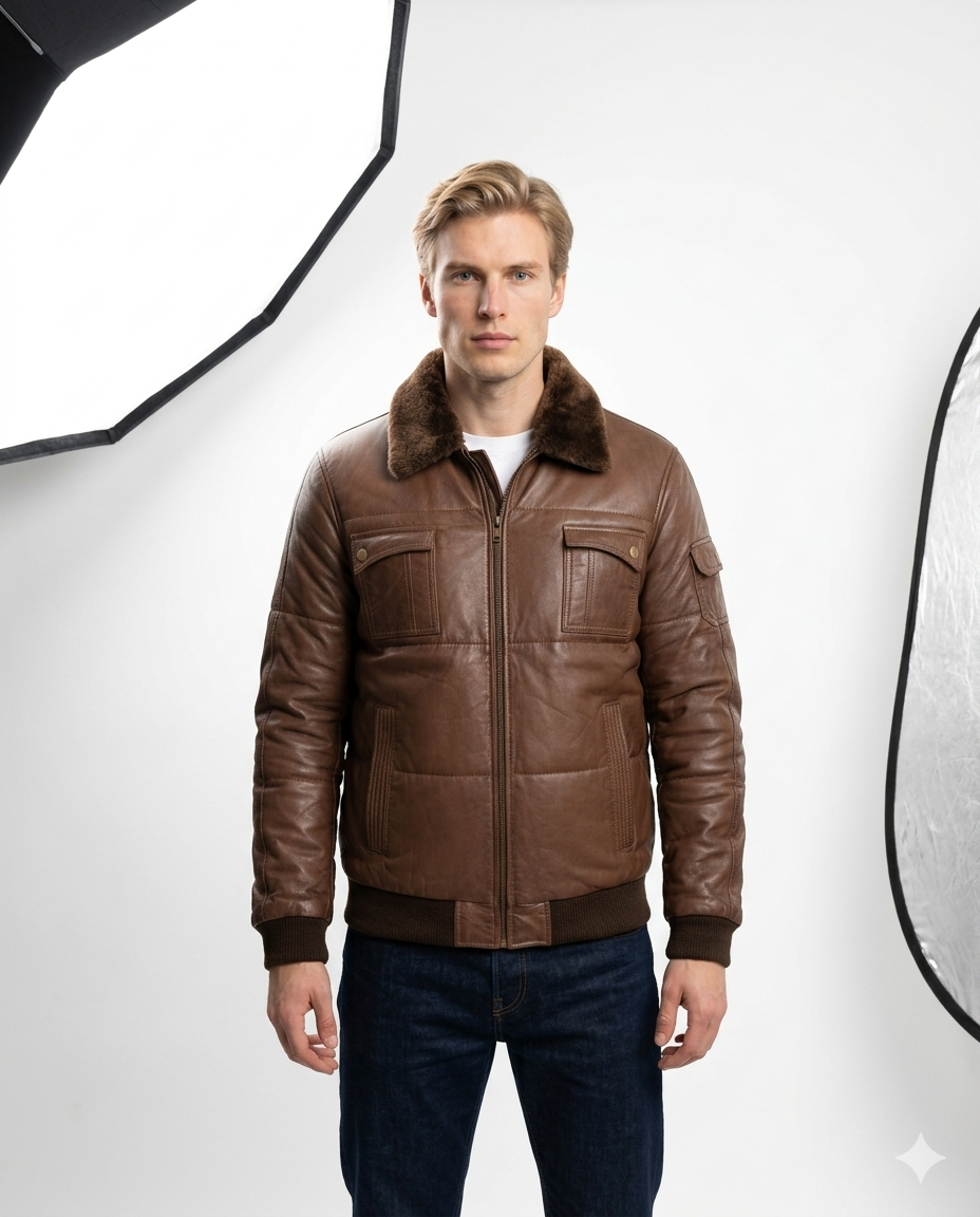 Aspen Quilted Aviator Full Grain Brown Sheepskin Mens Leather jacket