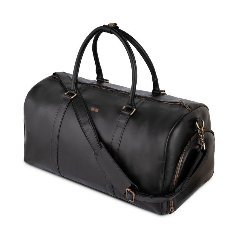 Personalized The Maverrick Hand Made Full Grain Leather Duffle Bag With Shoe Compartment - Black