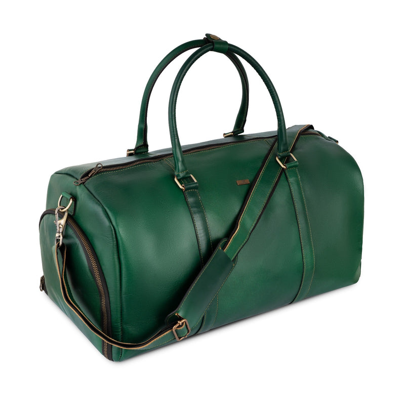 Personalized The Maverrick Hand Made Full Grain Leather Duffle Bag With Shoe Compartment - Green.