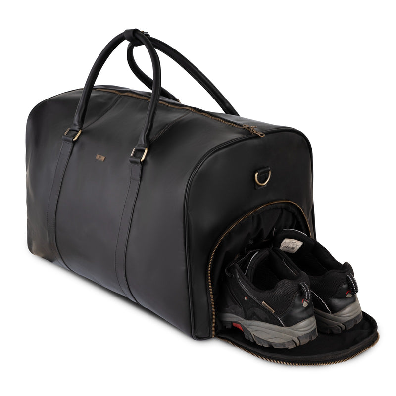 Personalized The Large Maverrick Hand Made Full Grain Leather Duffle Bag With Shoe Compartment - Black