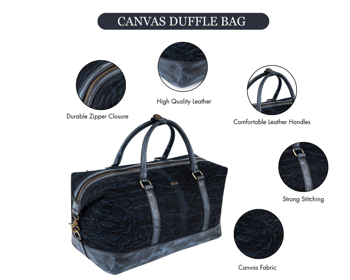 Personalized Hand Made Classic Weekender Duffle Bag Leather and Waxed Canvas - Gray Tie-Dye Handles
