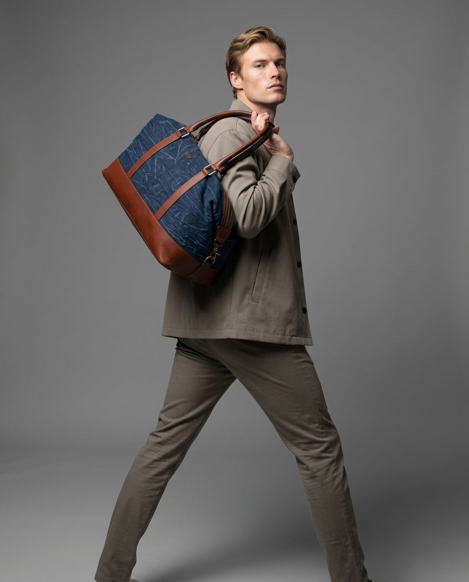 Personalized Hand Made Classic Weekender Duffle Bag Leather and Waxed Canvas - Brown Tie-Dye Handles
