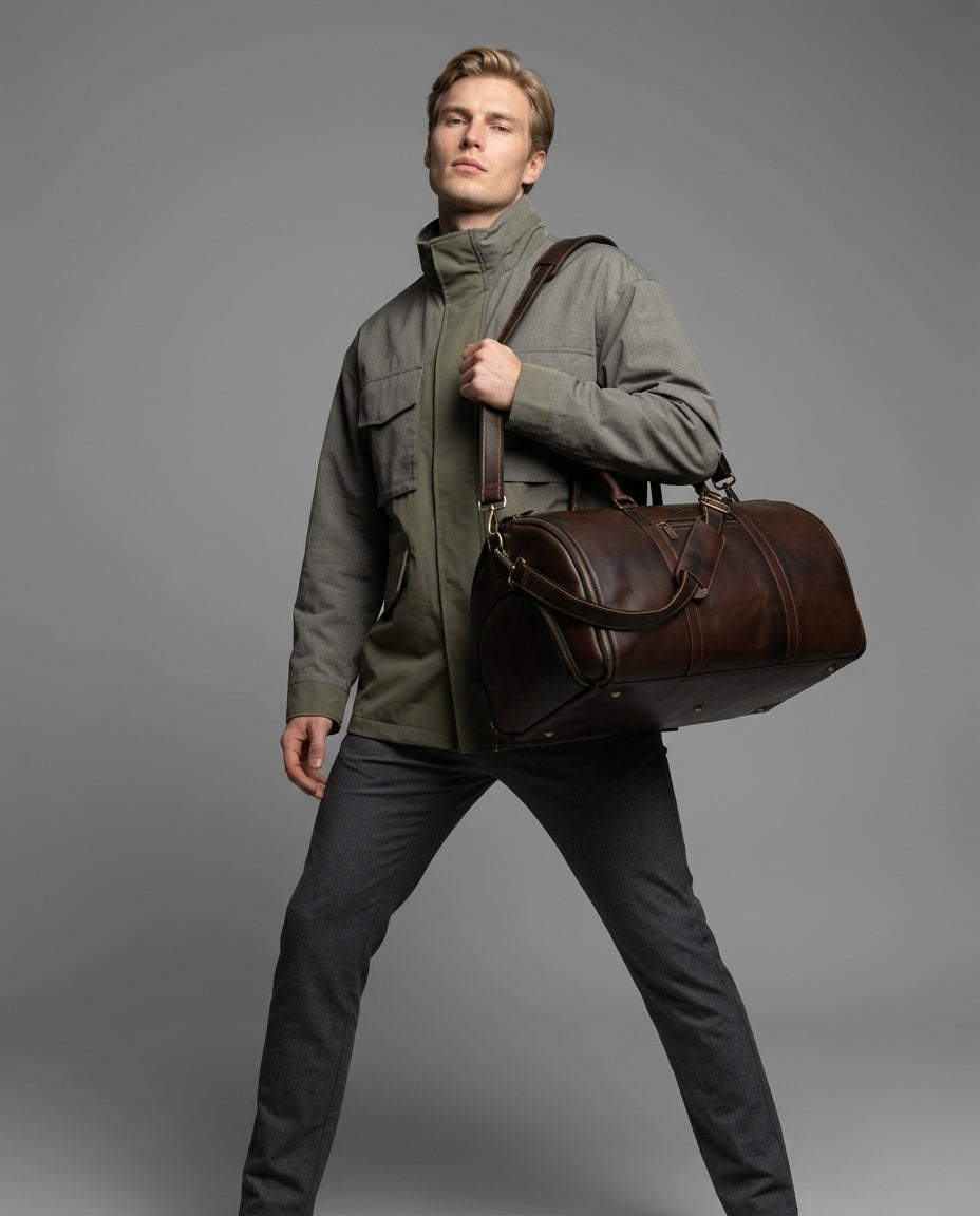 Personalized The Maverrick Hand Made Full Grain Leather Duffle Bag With Shoe Compartment - Choco Brown