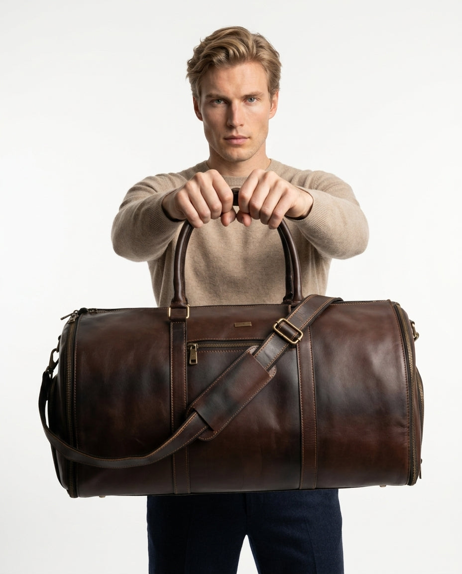 Personalized The Maverrick Hand Made Full Grain Leather Duffle Bag With Shoe Compartment - Choco Brown