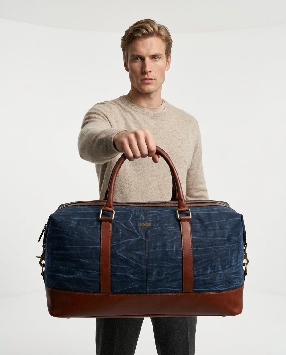 Personalized Hand Made Classic Weekender Duffle Bag Leather and Waxed Canvas - Brown Tie-Dye Handles