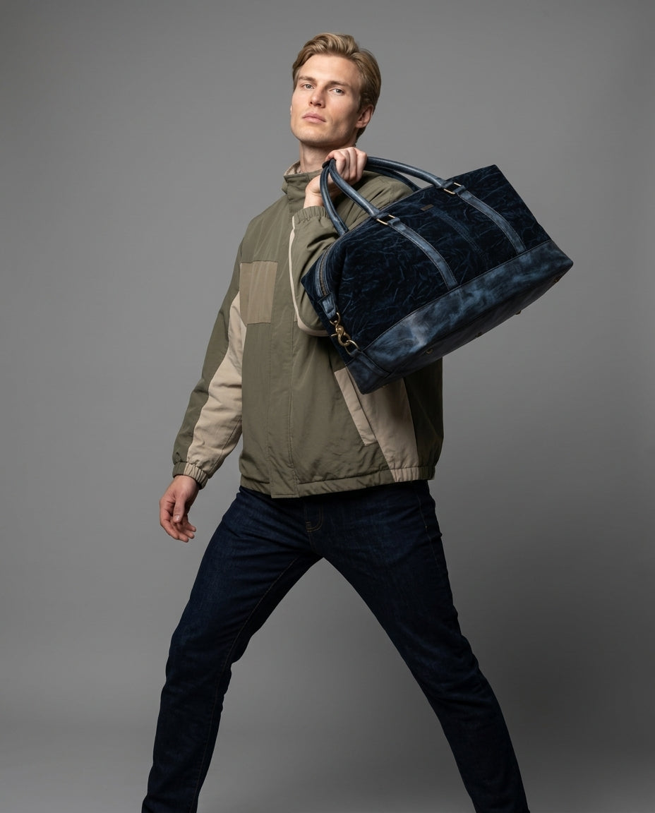Personalized Hand Made Classic Weekender Duffle Bag Leather and Waxed Canvas - Gray Tie-Dye Handles