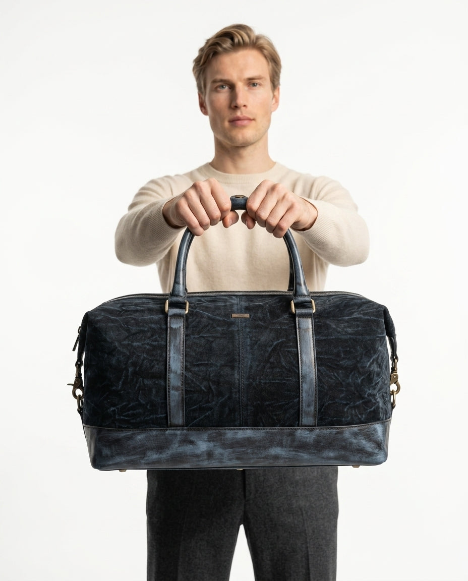 Personalized Hand Made Classic Weekender Duffle Bag Leather and Waxed Canvas - Gray Tie-Dye Handles